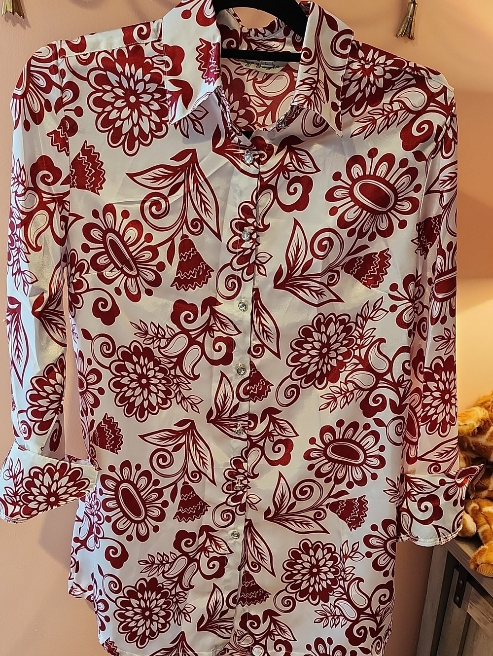 4/$20 Womens Red Floral Button-Down Shirt - Classic Collared Top
